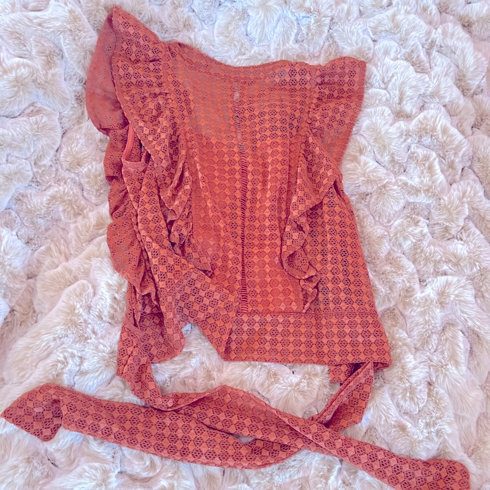 Buckle copper lace blouse top. Tie back.
